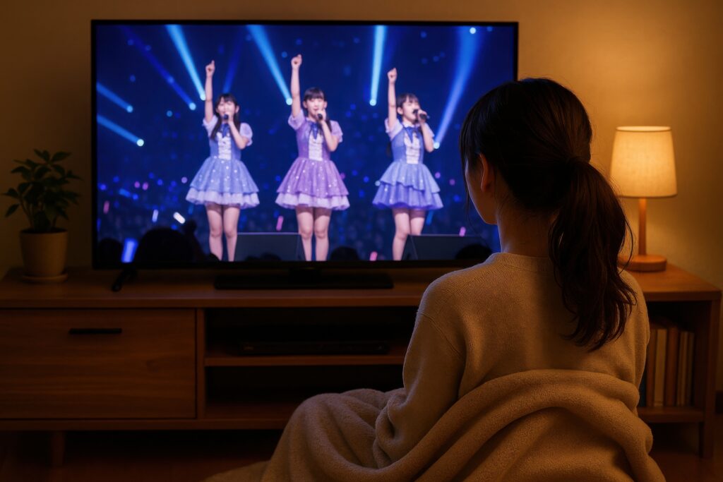 押しをテレビで見ている女性
