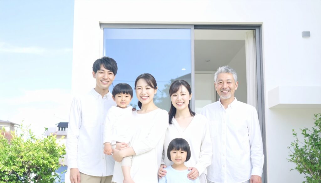 家の前の三世代家族